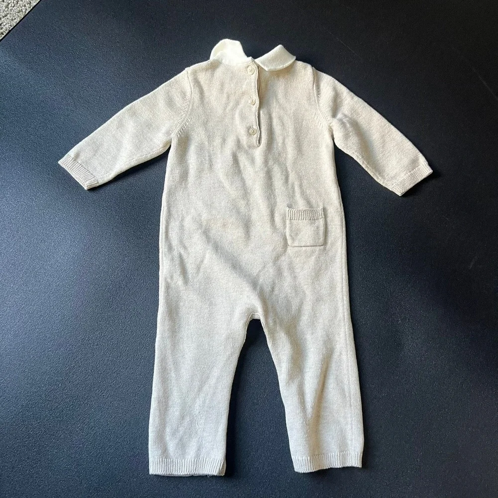 Janie & Jack Cream Fox Knit Romper Peter Pan Collar 3-6 Months Classic Heritage